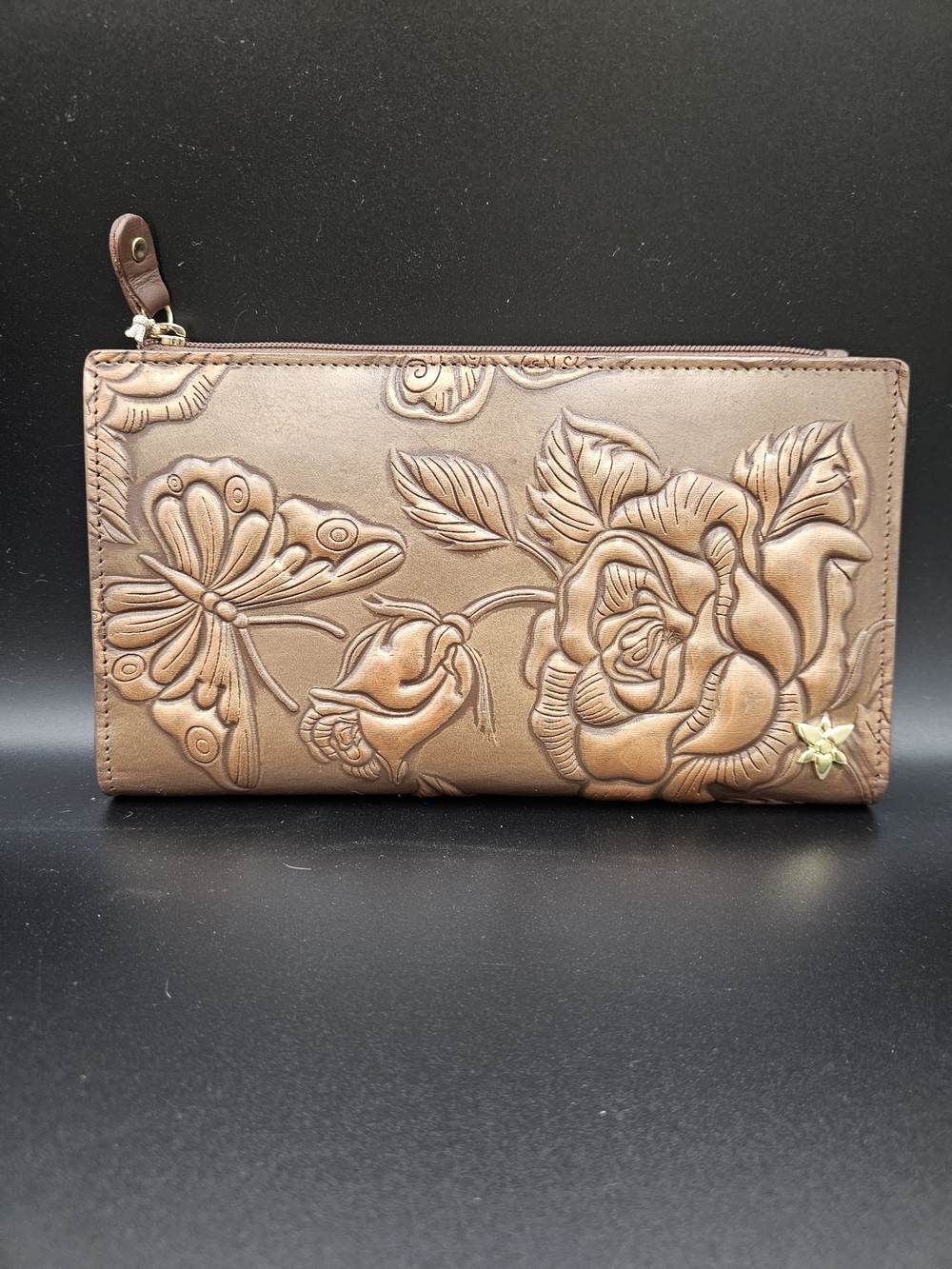 Anuschka Bronze Embossed Floral Butterfly RFID Leather Wallet Clutch NWT - Picture 2 of 9